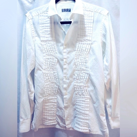 GIVENCHY White & Silver Thread Pinstripes Pleated & Twisted Pleats Mens Shirt S - Picture 1 of 12
